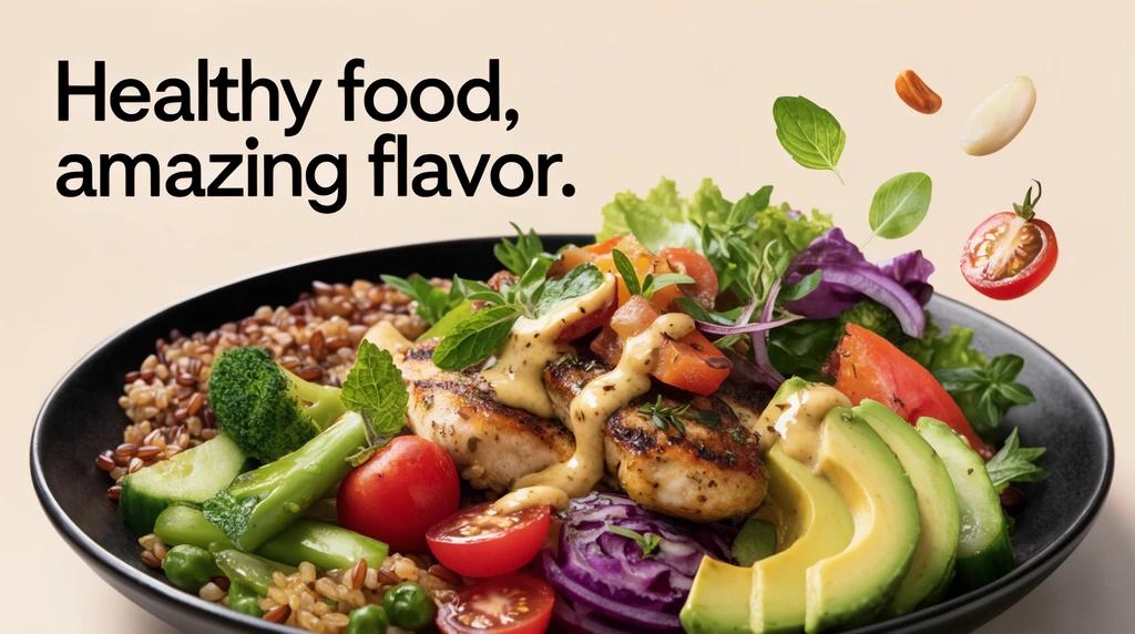 Healthy grain bowl with chicken, avocado, broccoli, tomatoes, and greens